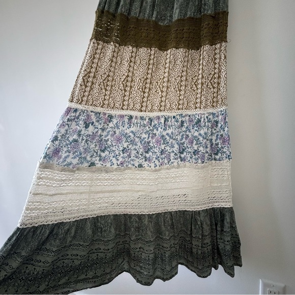 NWT Angie Boho Strapless Patchwork Maxi Dress Bohemian Green, Olive, Jade,Cream - Picture 5 of 8